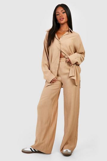 Sand Beige Crinkle Relaxed Fit Wide Leg Trousers