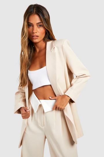 Stone Beige Basic Woven Turn Cuff Relaxed Fit Blazer