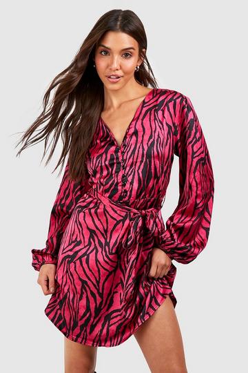 Pink Animal Print Blouson Sleeve Dress