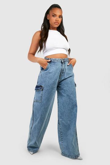 Plus Acid Wash Cargo Pocket Wide Leg Jean acid wash dark blue