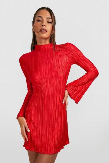 Plisse Flare Sleeve Column Mini Dress red