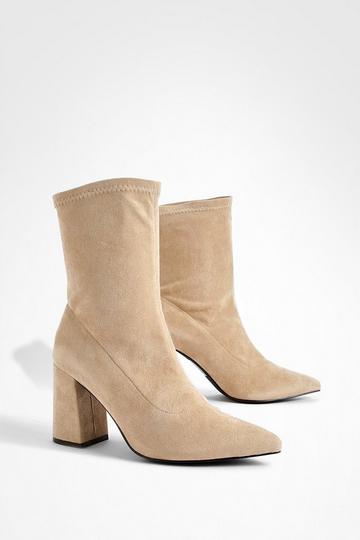 Block Heel Faux Suede Pointed Sock Boots nude