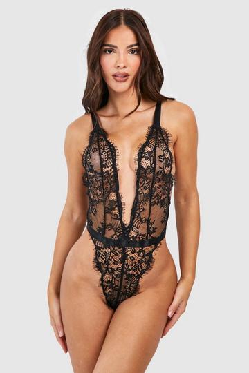 Eyelash Lace Plunge Bodysuit black