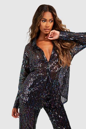 Black Rainbow Sequin Relaxed Fit Shirt