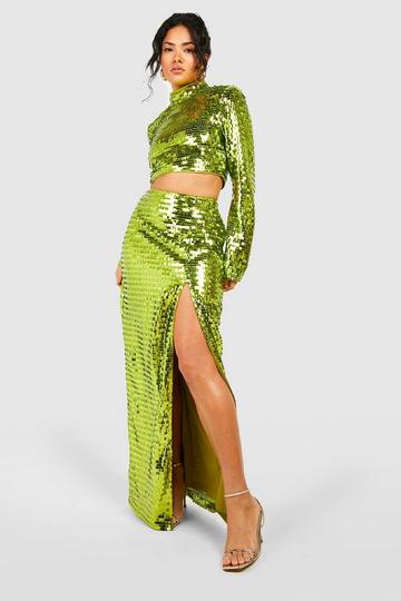 Notch Sequin Thigh Split Maxi Skirt chartreuse