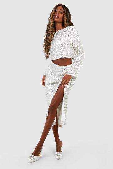 Textured Sequin Stripe Split Midaxi Skirt ivory
