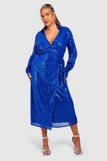 Plus Sequin Wrap Midi Shirt Dress cobalt