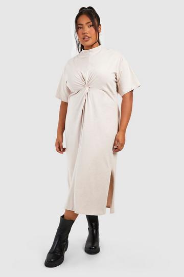 Stone Beige Plus Cotton Short Sleeve Twist Front Midaxi Dress