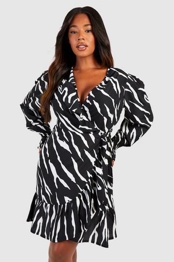 Plus Zebra Long Sleeve Wrap Dress black