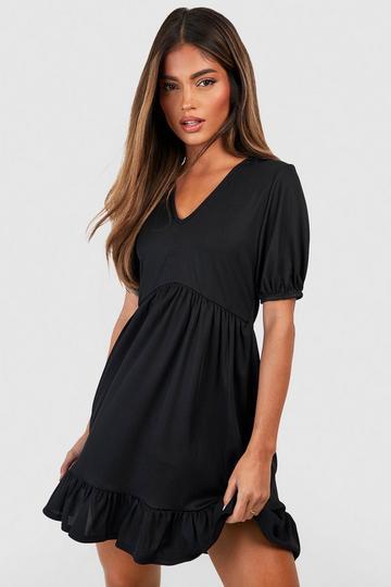 Ribbed Puff Sleeve V Neck Tiered Smock Dress black