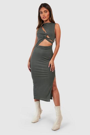 Olive Green Ribbed Cut Out Twist Detail Sleeveless Midi Dress