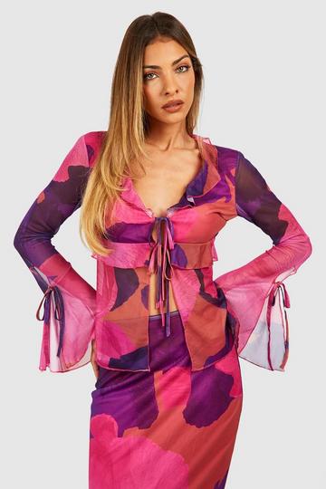 Abstract Floral Mesh Ruffle Flared Sleeve Blouse magenta
