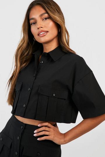 Boxy Cargo Pocket Cropped Shirt black