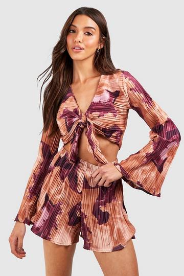 Floral Plisse Flared Sleeve Tie Front Blouse plum