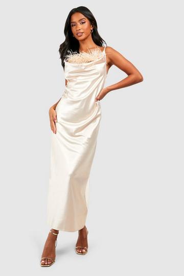 Petite Satin Feather Cowl Midaxi Dress champagne