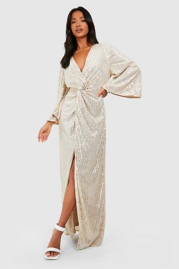 Petite Sequin Knot Front Angel Sleeve Maxi Dress gold
