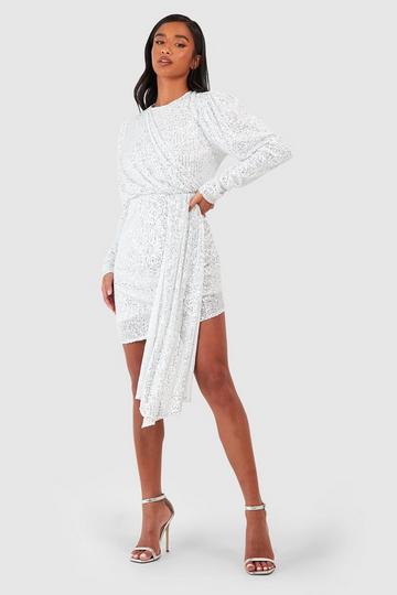 Silver Petite Sequin Drape Detail Mini Dress