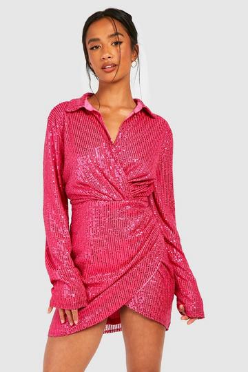 Petite Sequin Wrap Dress hot pink