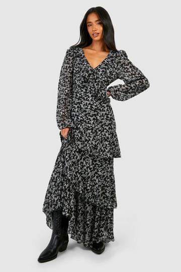 Petite Floral Asymmetric Ruffle Puff Sleeve Maxi Dress black