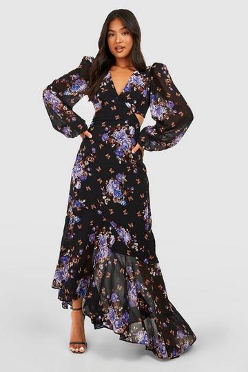 Black Petite Floral Cut Out Open Back Ruffle Maxi Dress