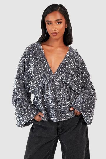 Petite Velvet Sequin Puff Sleeve Peplum Top silver