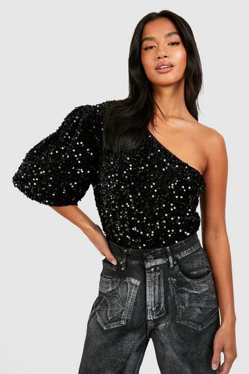 Black Bodysuit Top with Velvet Polka Dots on Large Ruffle and