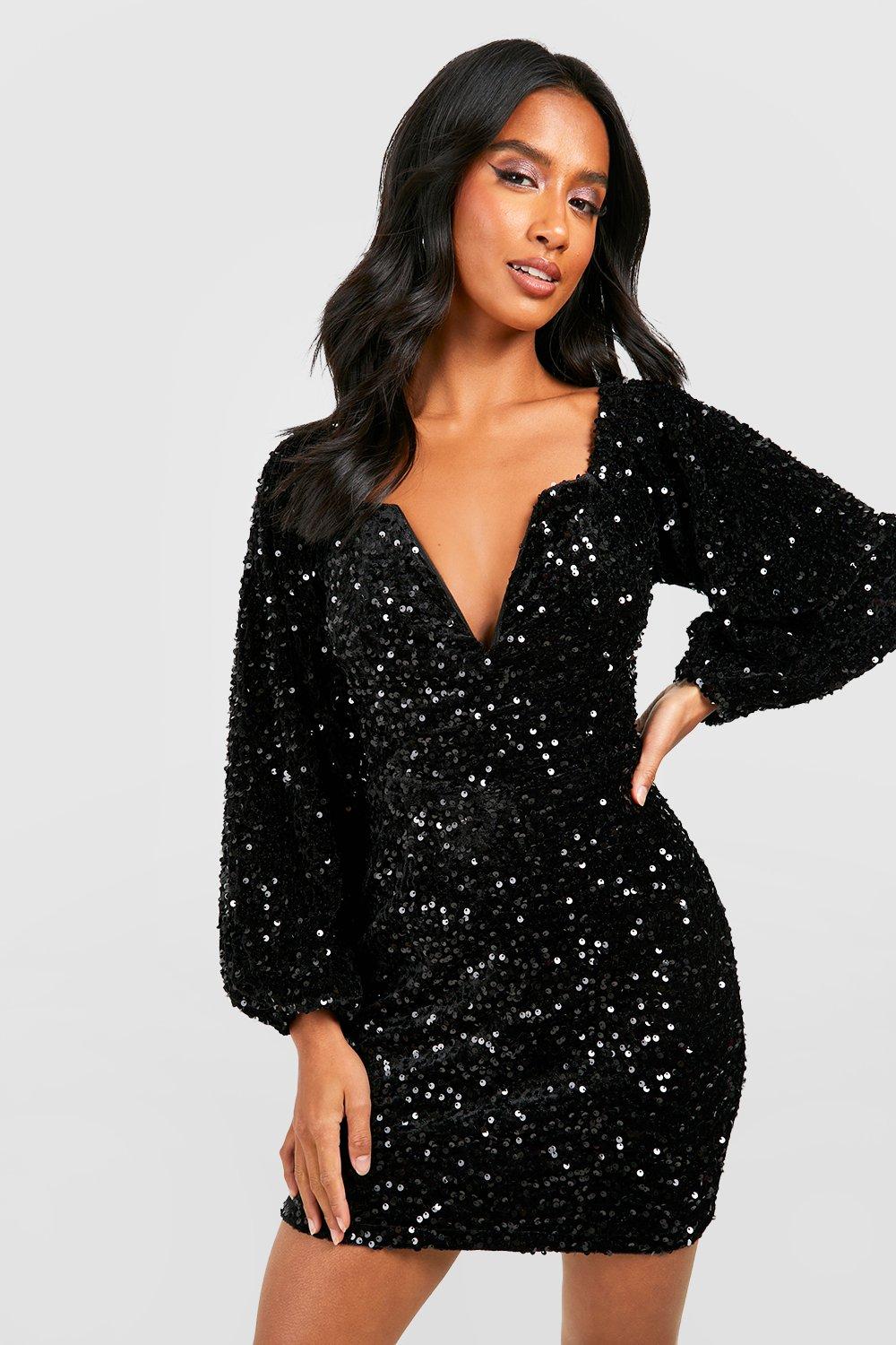 Black long 2025 sleeve sparkly dress