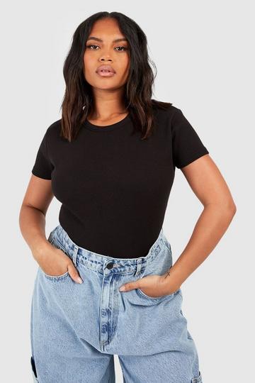 Black Plus Ribbed Thick Binding Short Sleeve Top