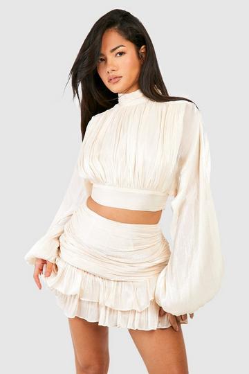 Shimmer Textured Pleat Front Volume Sleeve Blouse nude