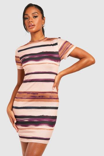 Blurred Stripe Rib Cap Sleeve Mini Dress stone