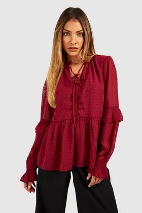 Women's Red Plus Dobby Mesh High Neck Blouse