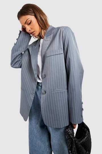 Grey Single Breasted Pinstripe Relaxed Fit Tailored Blazer