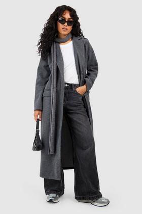 Women's Petite Herringbone Belted Wool Trench Coat