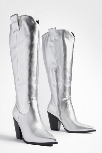 Wide Fit Curved Front Pointed Toe Metallic Cowboy Boots silver