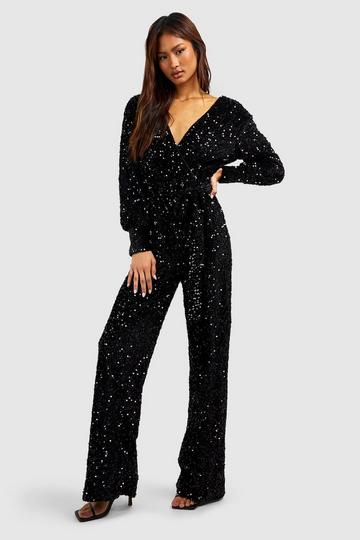 Black Tall Sequin Wrap Belted Jumpsuit