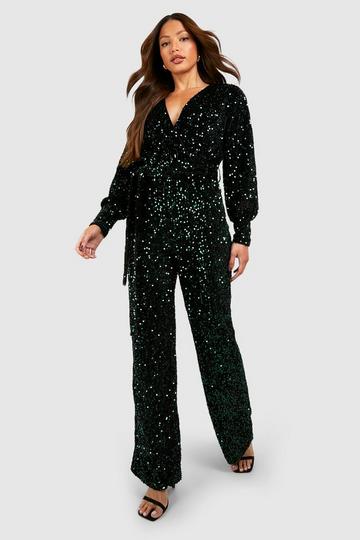 Tall Sequin Wrap Belted Jumpsuit green