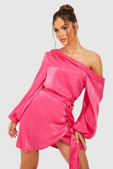 Pink Satin Draped One Shoulder Mini Dress