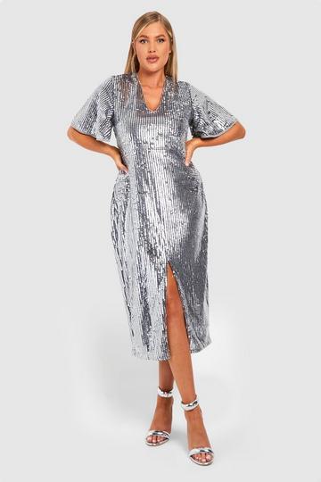 Silver Plus Matte Sequin Angel Sleeve Midi Dress