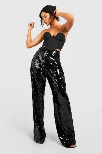 Black Sequin High Waist Tailored Flared Pants