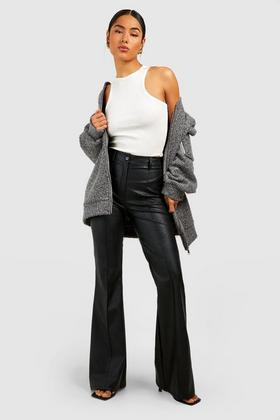 Black High Waisted Ruched Bum Jersey Knit Flared Pants