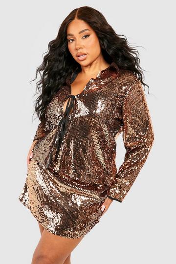 Plus Sheer Sequin Tie Front Shirt taupe