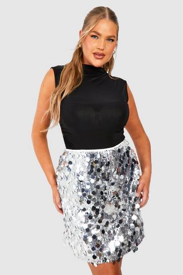 Plus Mixed Disk Sequin Mini Skirt silver