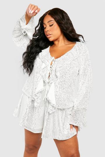 Plus Sequin Ruffle Tie Front Blouse silver