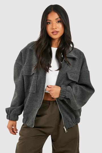 Grey Petite Wool Look Pocket Detail Oversized Bomber Jacket