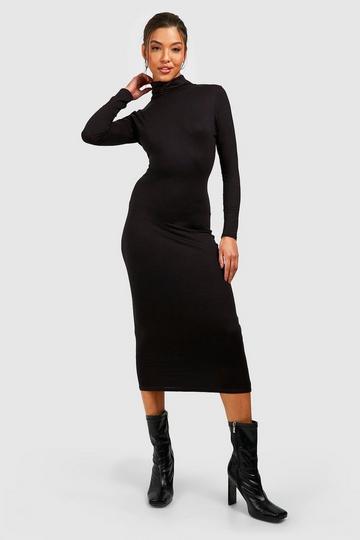 Black Jersey Roll Neck Long Sleeve Midi Dress