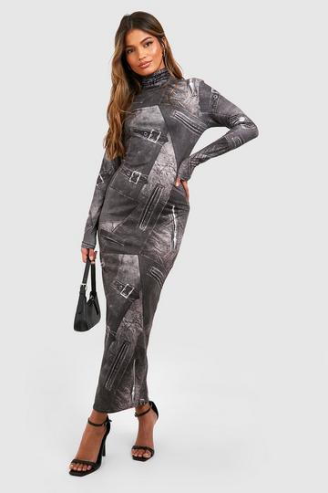 Denim Printed Jersey Knit Turtleneck Midi Dress black