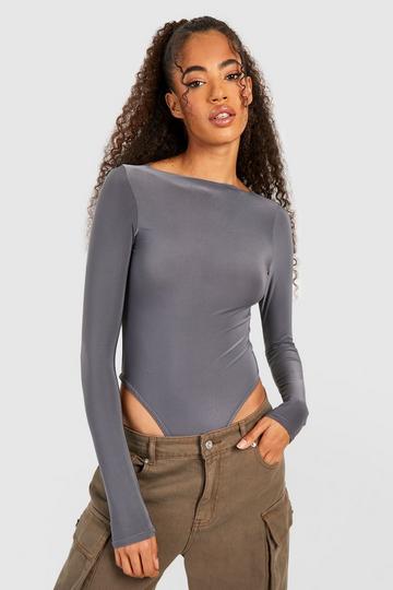 Slinky Slash Neck Long Sleeve Bodysuit silver