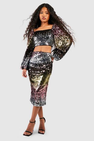 Pink Petite Sequin Ombre Ruched Midi Skirt