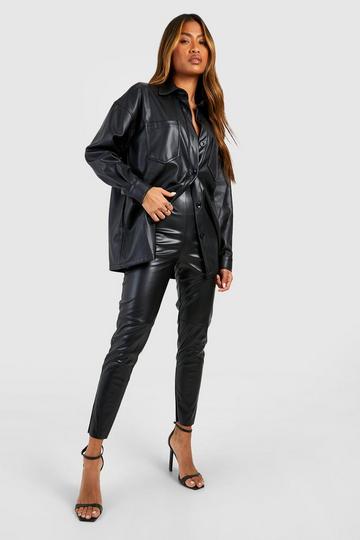 Leather Look Seamed Skinny Trousers black