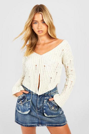 Distressed Rib Crop Jumper ivory